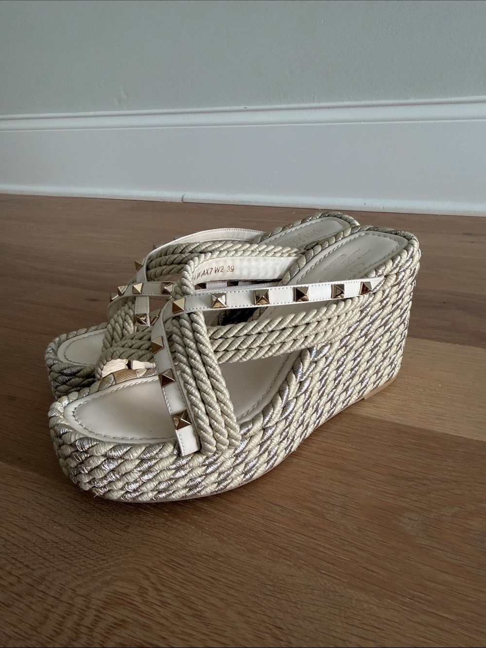 Valentino Garavani Cream Woven Rope Platform Slides with Gold Studs